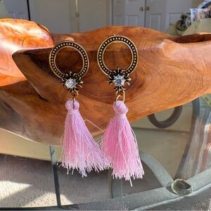 Pink Tassel Drop Earrings with Antique Gold Rings and Crystal Accent